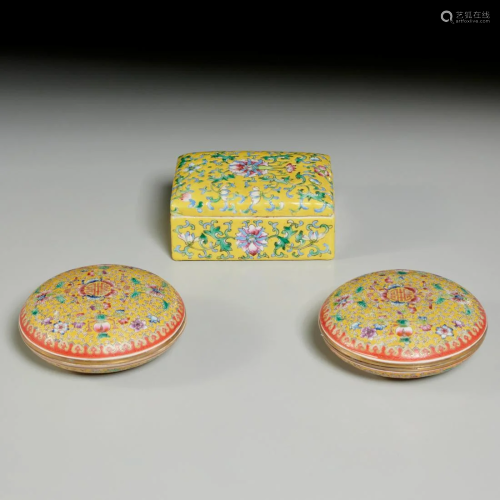 (3) Chinese famille jaune porcelain boxes