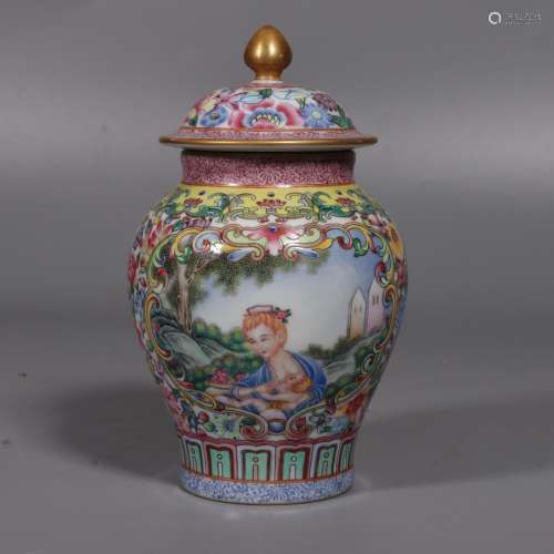 Famille Rose Dold Lid Jar with the Pattern of the West Figur...