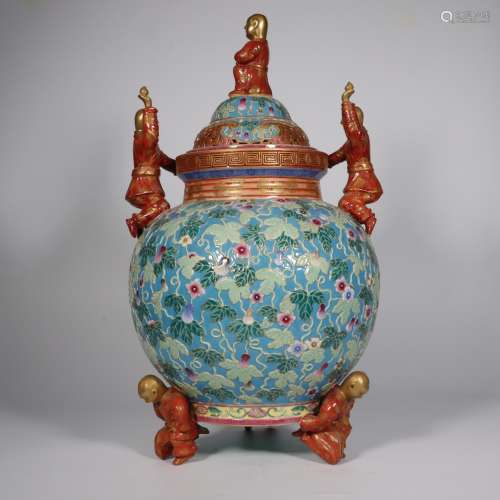 Famille Rose Three Feet Stove with the Pattern of Flowers in...