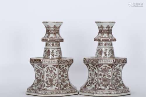 A Pair of  Underglazed Red Candlestick in Ming XuanDe Dynast...