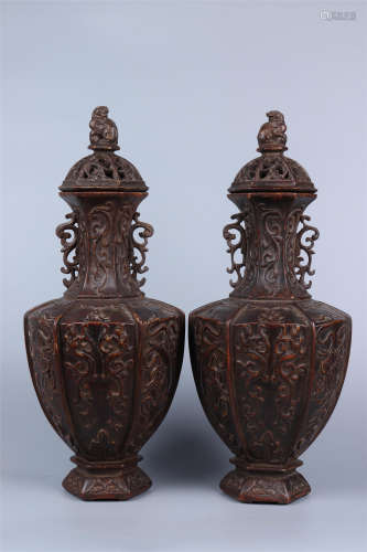 A Pair of  Agilawood Carved Bottle