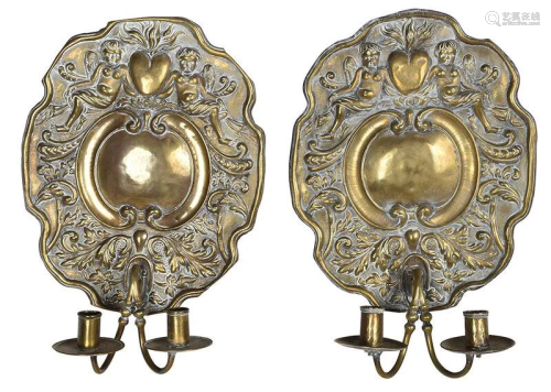 Pair of Dutch Baroque Style Brass Wall Sconces