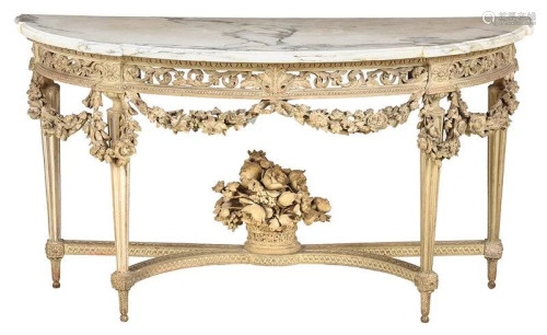 Louis XVI Style Carved Painted Marble Top Console