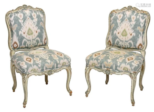 Pair Louis XV Carved Paint Decorated Side Chairs