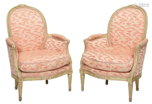 Pair Louis XVI Style Carved Painted Bergeres