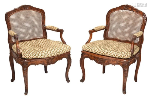 Pair Louis XV Caned Beechwood Open Armchairs