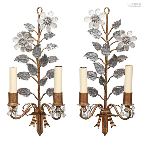 Pair of French Gilt Metal and Crystal Sconces