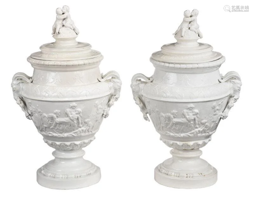 Large Pair of White Figural Garden Urns