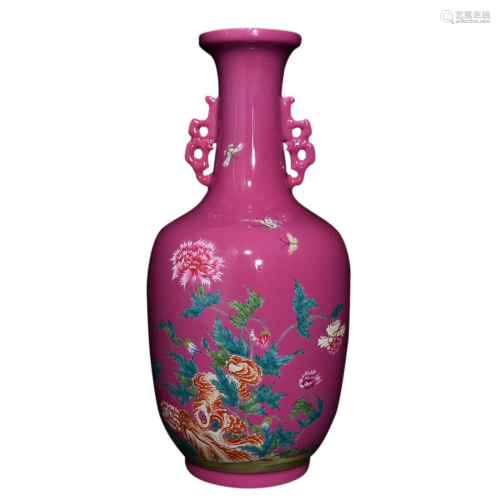 COCHINEAL RED GROUND FAMILLE ROSE 'POPPY' VASE WITH
