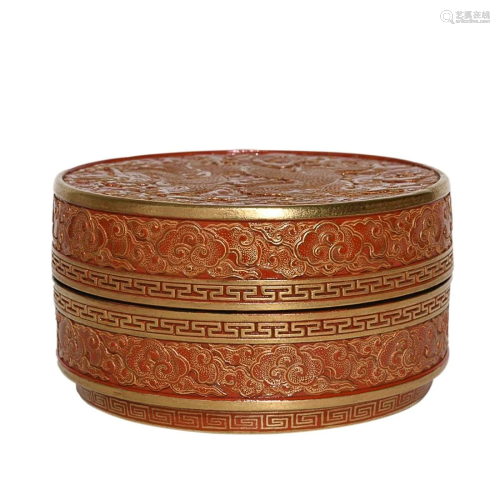 GILT DECORATED RED LACQUER 'DRAGON' CLAY BOX