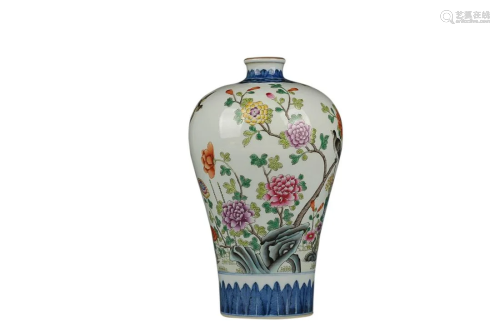 FAMILLE ROSE 'BIRDS AND FLOWERS' MEIPING VASE