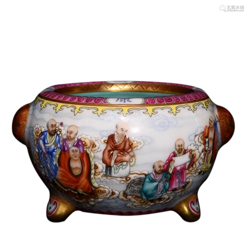 FAMILLE ROSE 'EIGHTEEN ARHATS' INCENSE CENSER WITH