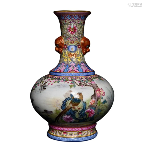 FAMILLE ROSE 'BIRD AND FLOWER' VASE WITH BEAST HANDLES