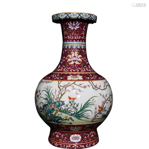 COCHINEAL RED GROUND FAMILLE ROSE 'FLORAL' VASE