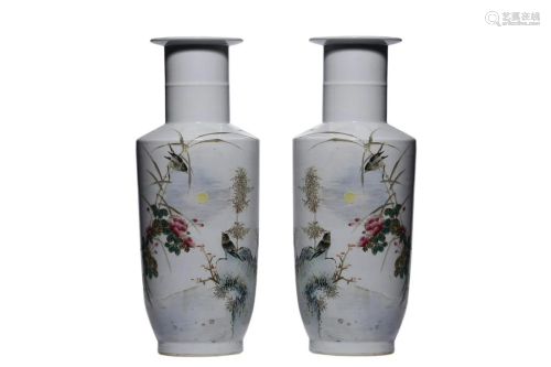 PAIR OF QIANJIANG 'BIRD AND FLOWER' MALLET VASES