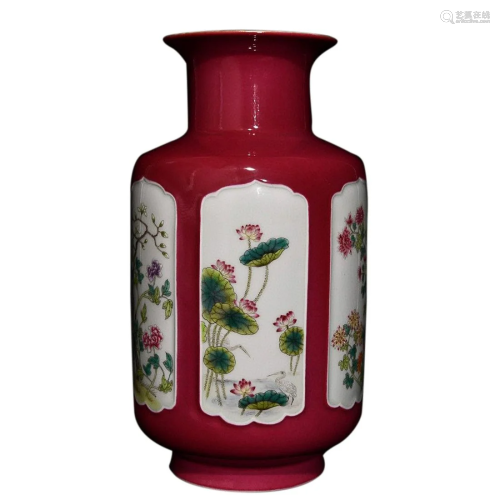 COCHINEAL RED GROUND FAMILLE ROSE 'FLORAL' LANTERN