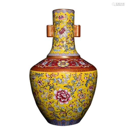 YELLOW GROUND FAMILLE ROSE 'FLORAL' VASE WITH TUBULAR
