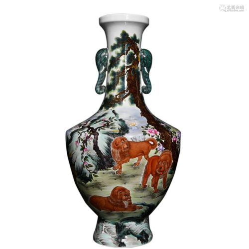 FAMILLE ROSE 'FIVE BEASTS' VASE WITH ELEPHANT HANDLES