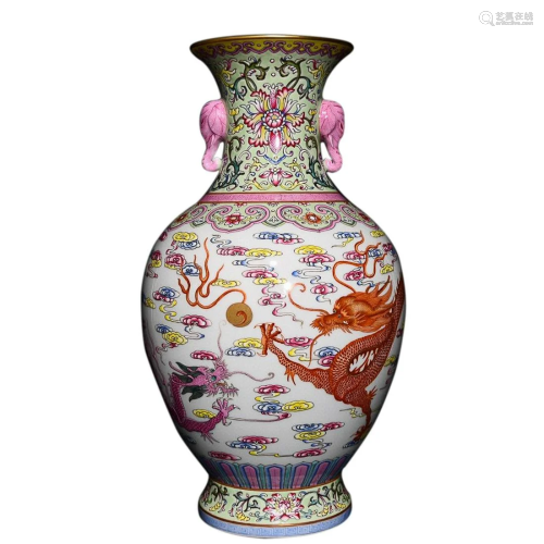 FAMILLE ROSE 'DRAGON' VASE WITH ELEPHANT HANDLES
