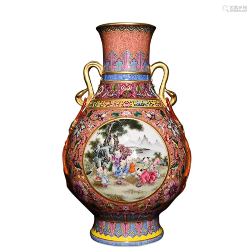 FAMILLE ROSE 'CHILDREN AT PLAYING' ZUN VASE WITH