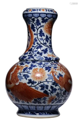 BLUE & WHITE AND IRON RED 'DRAGON AND PHOENIX' VASE