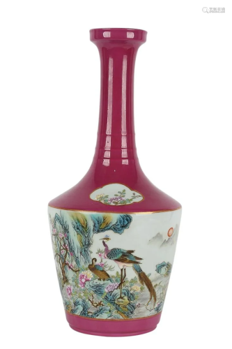 COCHINEAL RED GLAZED AND PAINTED 'BIRD AND FLOWER'