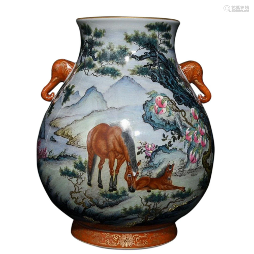 FAMILLE ROSE 'HORSES' ZUN VASE WITH ELEPHANT HANDLES