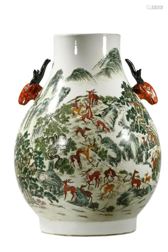 FAMILLE ROSE 'DEER' ZUN VASE WITH DEER HANDLES