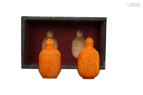 PAIR OF RED GLAZED 'FIGURE STORY' SNUFF BOTTLES