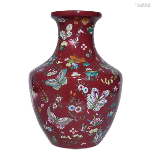 COCHINEAL RED GROUND PAINTED 'BUTTERFLIES AND