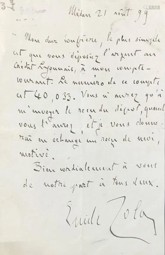 Emile ZOLA. Autograph letter.