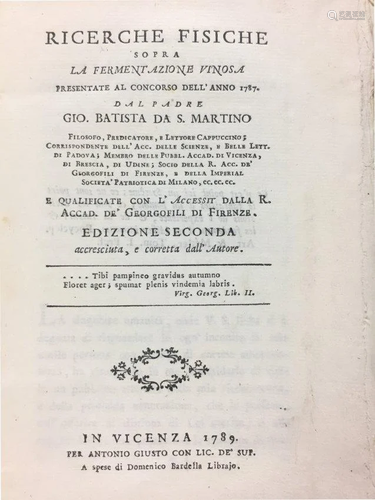 Gastronomy. SAN MARTINO. Ricerche fisiche sopra la