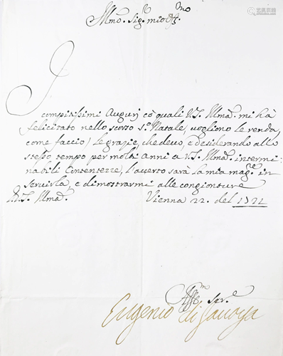 Autograph. Eugenio di Savoia Principe. Lettera in