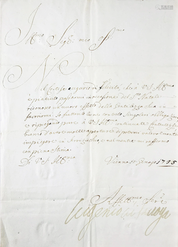 Autograph. Eugenio di Savoia Principe. Lettera in