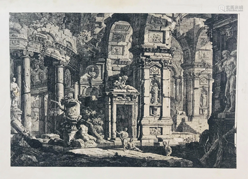 GASPARI. Architectural fantasy with statue of Hercules.