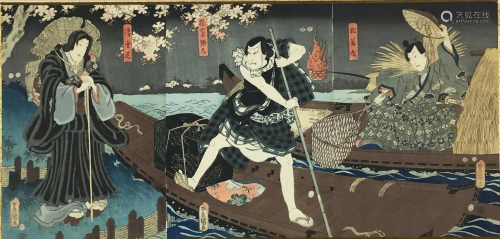 KUNISADA. Scene of the Kabuki theater. Triptych.