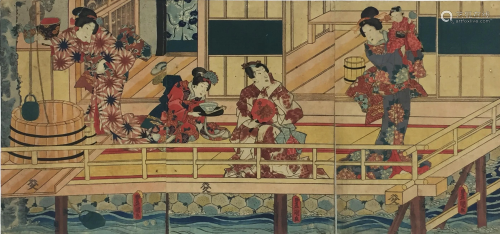 KUNISADA. Family scene on a terrace above the river.