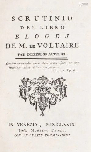 CASANOVA. Scrutinio del libro Eloges de m. de Voltaire.