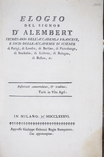 Mathematics. FRISI. Elogio del Signor D'Alembert.