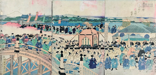 KUNITERU II. Emperor Meiji enters Tokyo. Triptych.