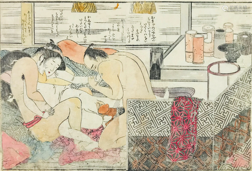 KUNISADA. SHUNGA-Erotic Print. Two women and a man.