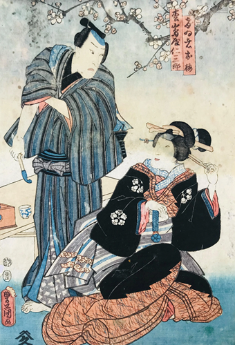 KUNISADA. Scene of Kabuki theater. Two ladies.