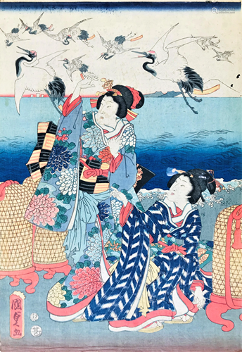 KUNISADA. Two ladies with herons in flight.