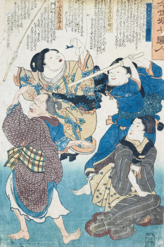 Japanese woodcut. Three women dance around a seated