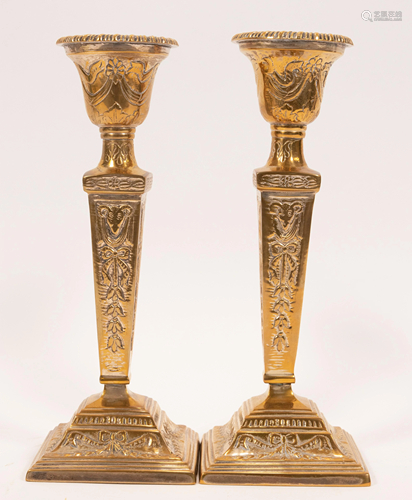 SILVER TONE BRASS CANDLESTICKS, PAIR, H 10