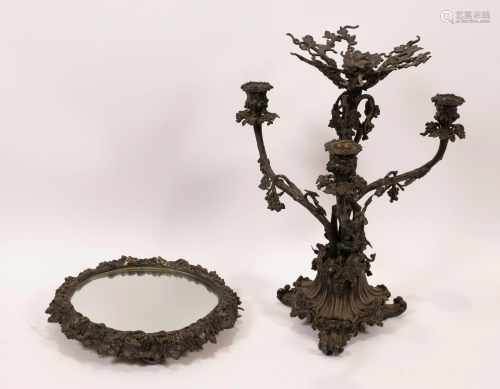 PATINATED METAL CANDELABRA AND PLATEAU MIRROR…