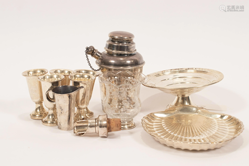 STERLING SHELL DISH, COCKTAIL SHAKER, CORDIALS ETC. 11