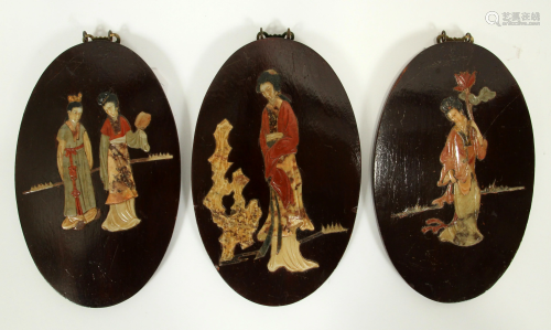 CHINESE LACQUER AND HARD STONE PLAQUES, 3 PCS, H 8