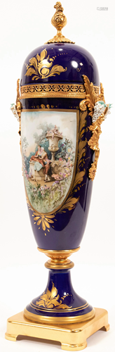 SEVRES STYLE COBALT PORCELAIN URN, 21ST C, H 24