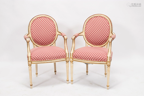 LOUIS XVI PAINTED WOOD, UPHOLSTERED CHAIRS, PAIR, H 37